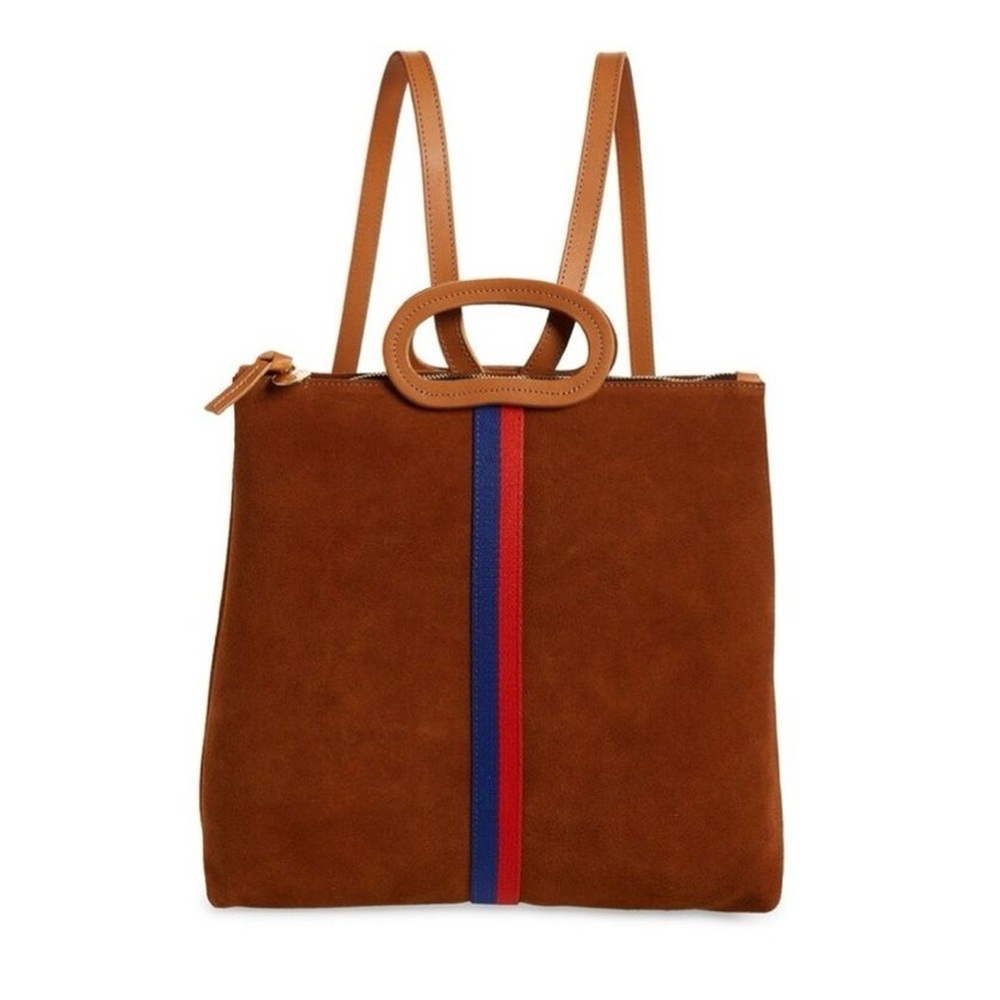 Clare V Brown Backpack with Red and Blue Stripe